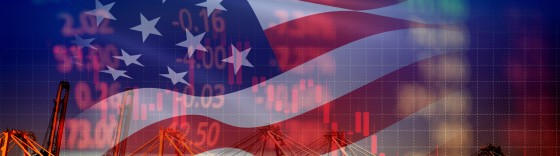 USA America trade war economy conflict tax business finance / united states stock market exchange graph chart money crisis raised taxes on industry container ship in export import logistics