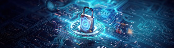 secure connection or cybersecurity service concept of compute motherboard closeup and safety lock with login and connecting verified credentials as wide banner design with copyspace area - Generative AI